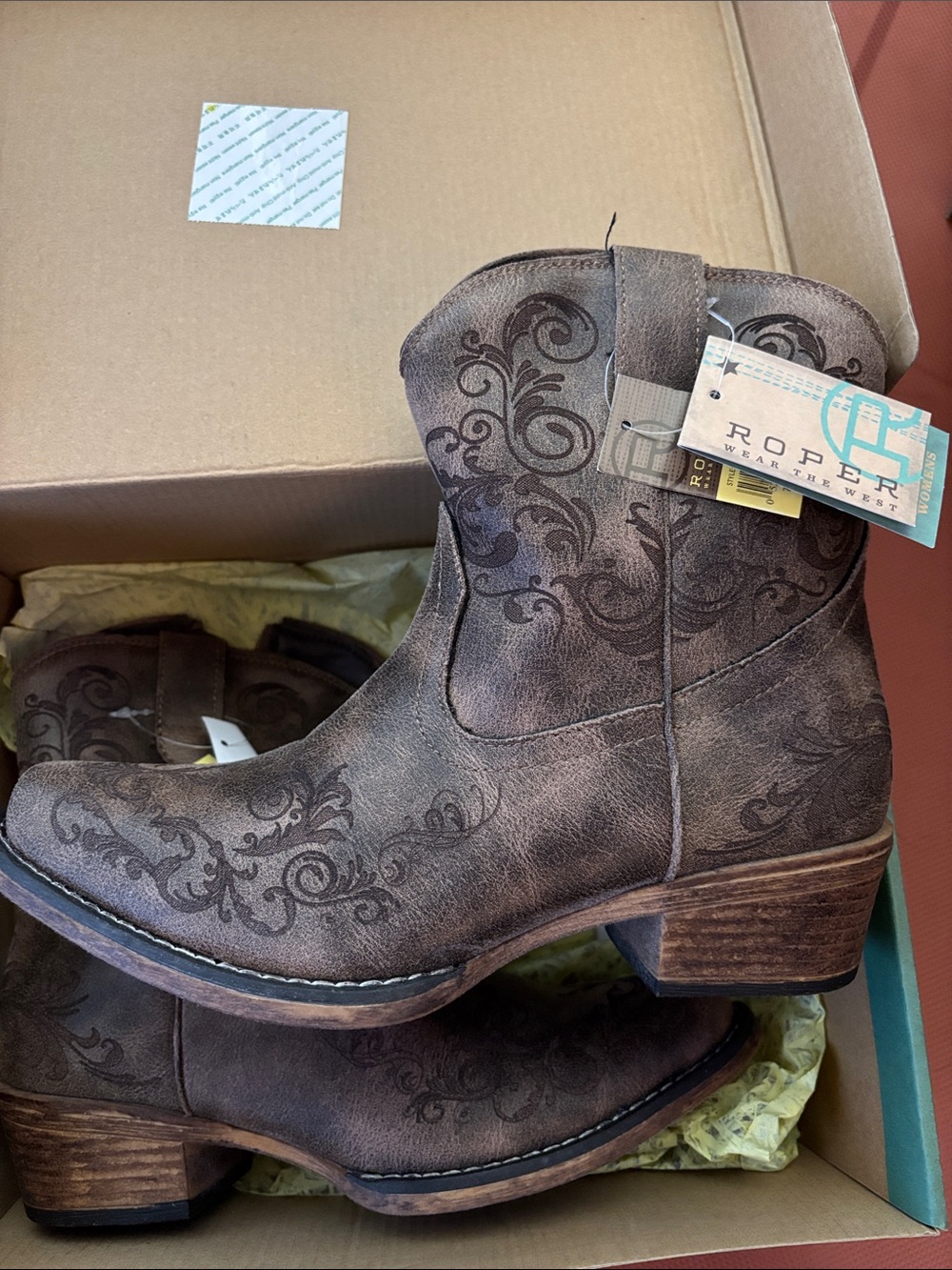 Roper Brown Distressed Embroidered Western Ankle Boots